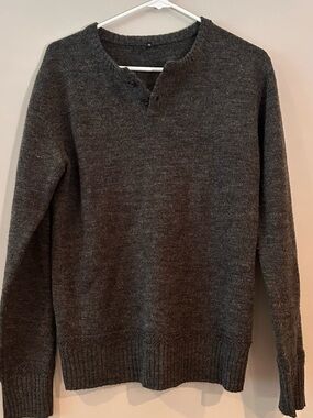 Men's Charcoal Crewneck Sweater with Button Placket